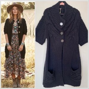 Free People Chunky Cable Knit Cardigan Black Sweater Long Pockets Boho Large